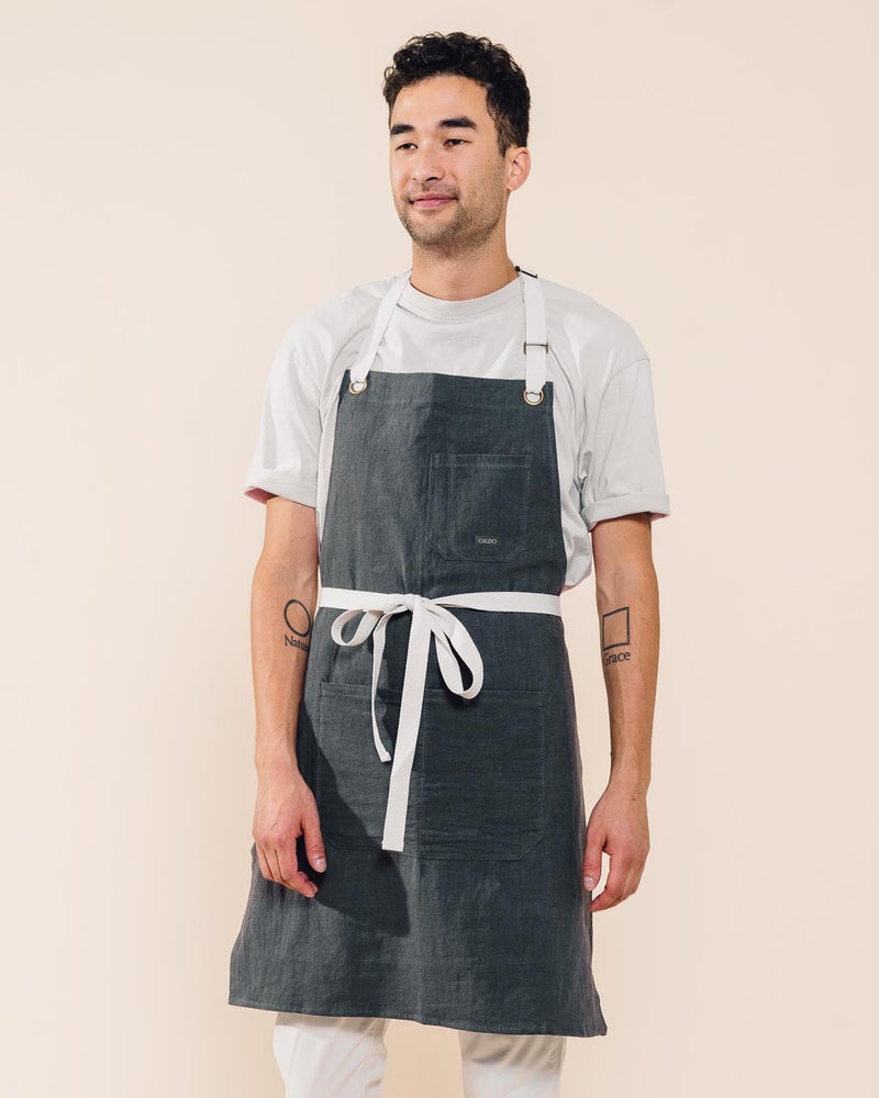 Caldo Linen Kitchen Apron for Cooking- Mens and Womens Linen Bib Apron for Professional Chef, Server, or Barista - Adjustable with Pockets (Slate) - Image 4